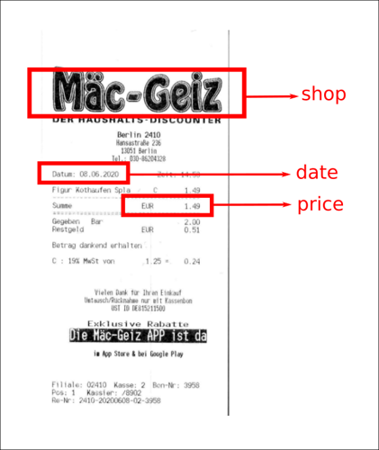 Receipt document with highlighted metadata.