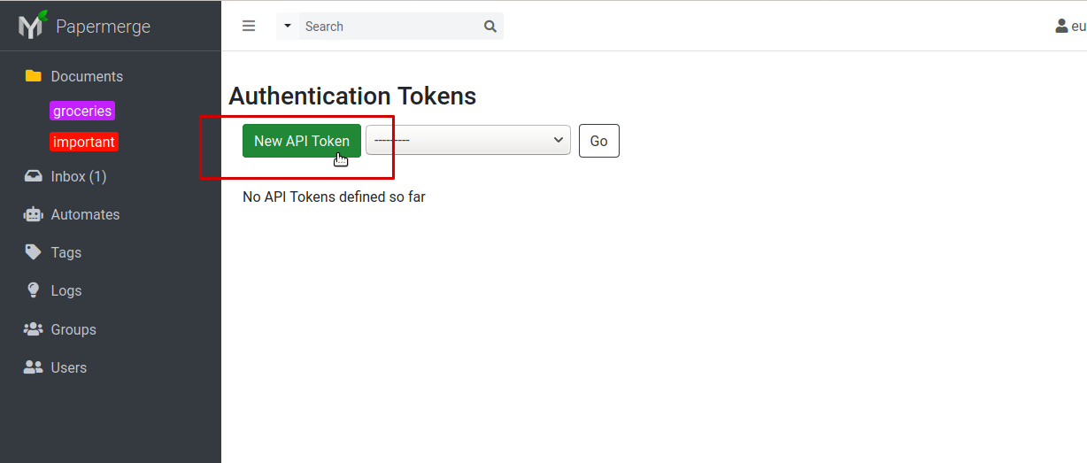 new token button